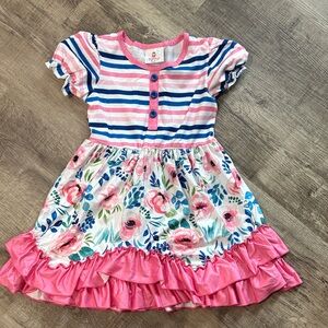 Ruffle Girl Pink, Blue & White Floral Stripe Ruffle Dress